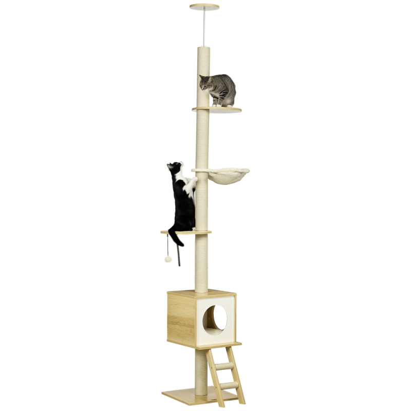 PawHut Kratzbaum deckenhoch 240-260 cm mit Katzenhaus und Hängematte in Hellbraun und Beige für aktive Katzen Aosom.de – Bild 1 von 2