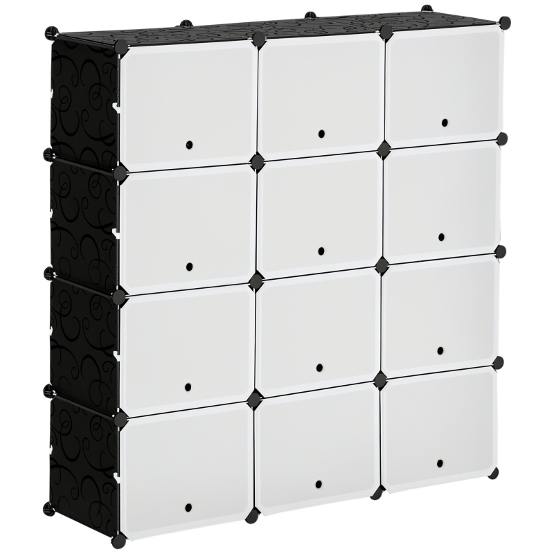 HOMCOM Schuhschrank Aufbewahrungsbox mit 12 Würfeln DIY Steckregal mit Türen Kunststoff Stahl Schwarz+Weiß 125 x 32 x 125 cm Aosom – Bild 1 von 2