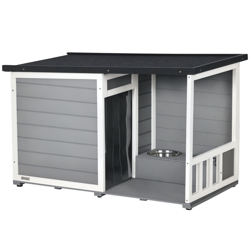 PawHut Hundehütte mit Terrasse aus Tannenholz, wetterbeständig, mit 2 Schüsseln & Asphaltdach, Grau, 103x62x60-66cm Aosom.de – Bild 1 von 2