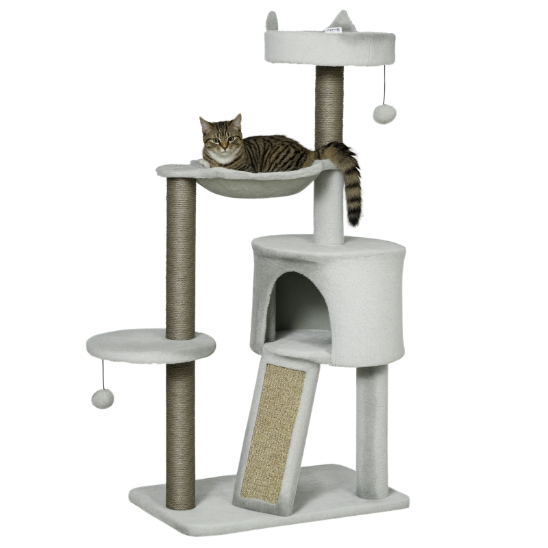 PawHut Kratzbaum mit Katzenbett und Katzenhöhle, Sisalsäule und Rampe, für kleine Katzen, hellgrau, 60 cm x 40 cm x 113 cm Aosom.de – Bild 1 von 2