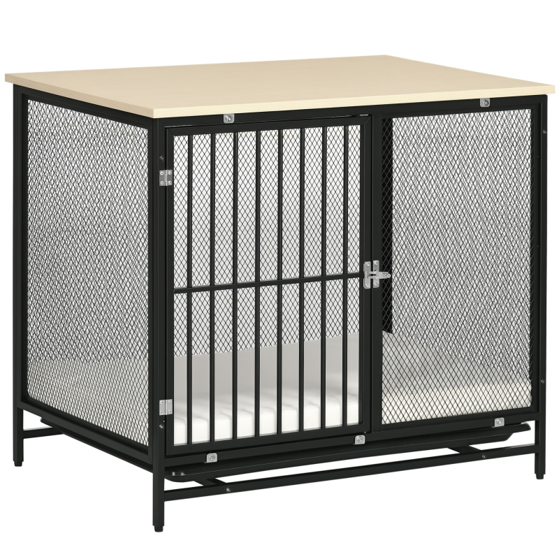 PawHut Hundebox, Hundehaus mit Tischplatte, Hundehütte mit Kissen, ausziehbarer Bodenwanne, Hundebox, Eiche+Schwarz, 80 x 55 x 71 cm Aosom – Bild 1 von 2