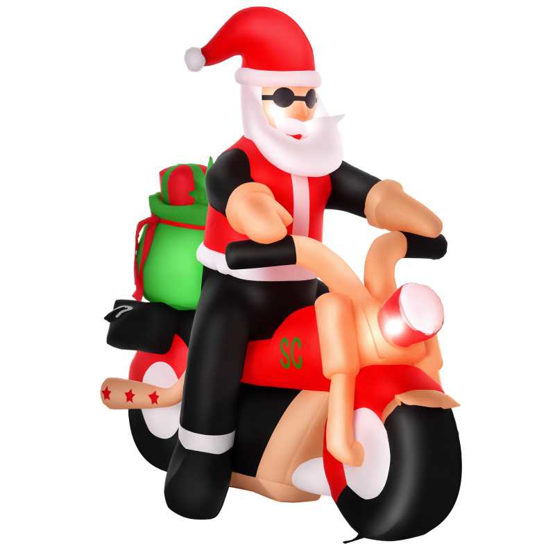 HOMCOM Aufblasbarer Weihnachtsmann auf einem Motorrad 150 cm LED mit Gebläse Weihnachts-Party Weihnachtsdekoration Polyester Weiß+Rot+Grün Aosom – Bild 1 von 2