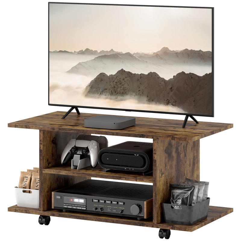 HOMCOM Modernes TV-Möbel mit Regalen, TV-Schrank mit 42" Rollen und Bremsen, 2 kleine Seitenregale für Wohnzimmer und Schlafzimmer, 80x40x40 cm, Rustikales Braun Aosom – Bild 1 von 2