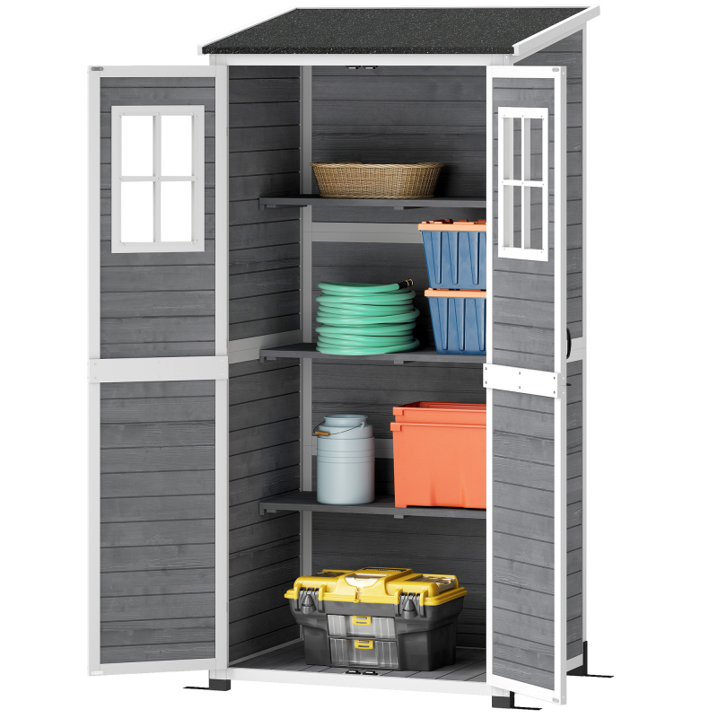 Outsunny Gartenschrank Holz, Geräteschuppen mit Abschließbar Tür 2 Fenstern Bodenplatte Asphalt-Pultdach Ablage 91x69x192cm, wetterfest Geräteschrank, Gerätehaus für Garten, Terrasse, Hellgrau Aosom – Bild 1 von 2