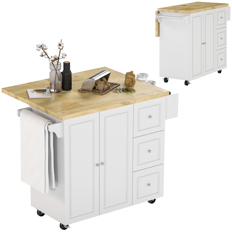HOMCOM Kücheninsel mobiler Küchenwagen mit Arbeitsplatte Rollen Schublade verstellbares Regal Gummiholz Weiß Natur 1115x450-750x890cm Aosom.de – Bild 1 von 2