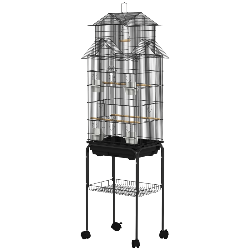 PawHut Vogelkäfig im Design eines Hauses mit Futtertrögen, Sitzstangen, Türen, abnehmbarer Kotwanne + Griff zum Transport 50,5 x 41 x 163 cm schwarz Aosom – Bild 1 von 2