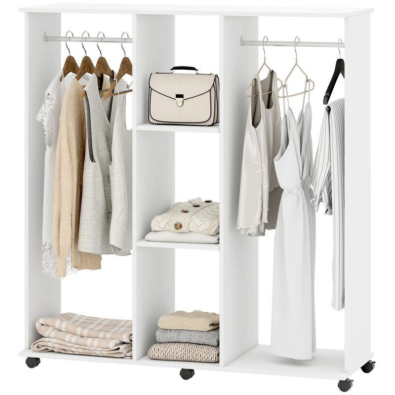 HOMCOM Doppelschrank-Garderobe Mobiler Aufbewahrungsschrank 6 Rollen 120B x 40T x 128H cm aus Holz Weiß Aosom – Bild 1 von 2