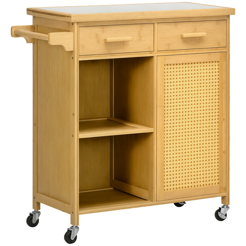 HOMCOM Küchenwagen Servierwagen mit Schublade, Schrank, offenen Ebenen, Handtuchhalter, Arbeitsplatte, Bambus, Natur Aosom – Bild 1 von 2