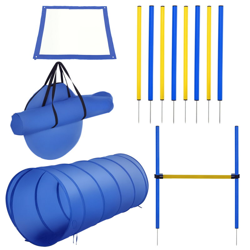 PawHut Agility Übungsset Slalom Hürden Tunnel Hundesport Trainingsplatz aus PE und Polyester in Blau und Gelb für aktive Hunde Aosom.de – Bild 1 von 2