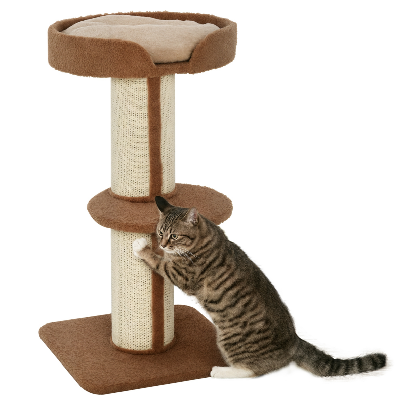 PawHut Kratzbaum mit abnehmbaren Kissen, bis 30 kg, Kratzstamm, Katzenbaum mit Plattform, stabil, Sisal, Hellbraun, 45x45x91cm Aosom – Bild 1 von 2