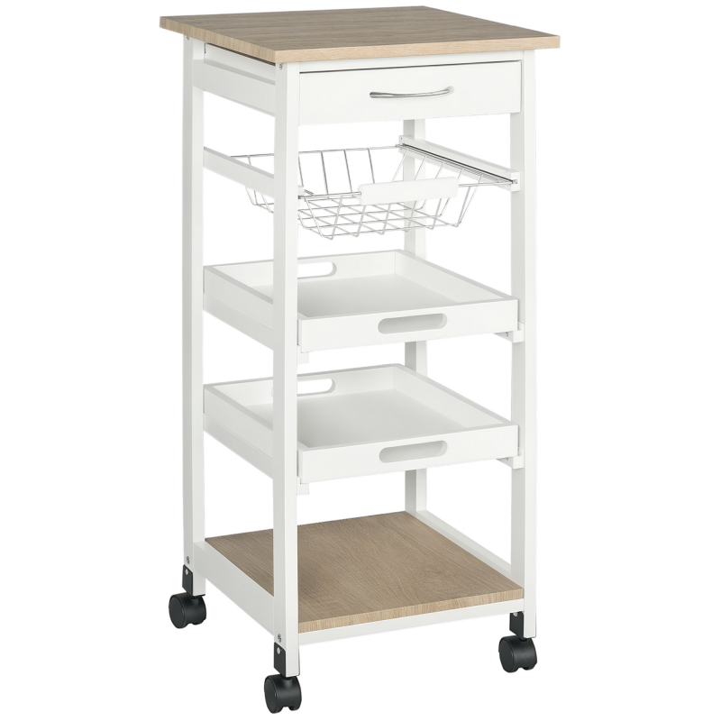 HOMCOM Küchenwagen Servierwagen mit Schublade abnehmbares Tablett Kiefer Weiß 37x37x82 cm für Küche und Essbereich Aosom.de – Bild 1 von 2