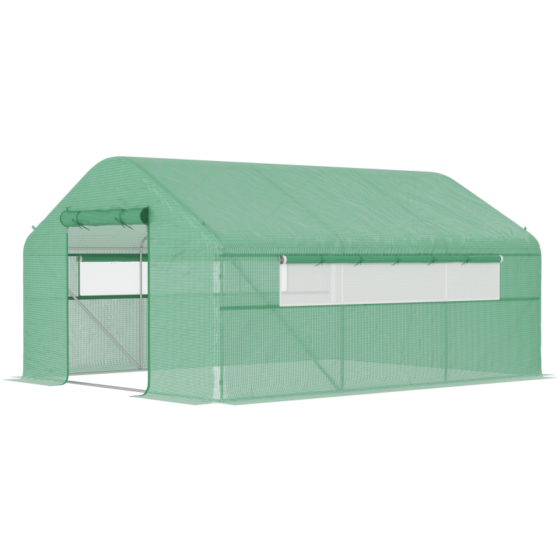 Outsunny Garten-Gewächshaus 12 m², Garten-Tunnelgewächshaus 4 x 3 x 2 m mit Rolltüren und großen Netzfenstern, Gewächshaus aus verzinktem Stahl und hochdichtem PE 140 g/m² UV-beständig, Grün Aosom – Bild 1 von 2