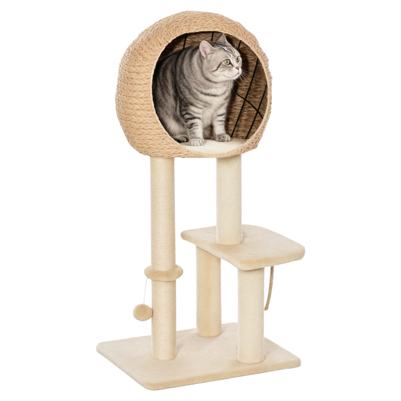 PawHut Kratzbaum mit Katzenhöhle 100H cm Katzennest für kleine Katzen mit Ballspielzeug und Sisal Beige Aosom.de – Bild 1 von 2