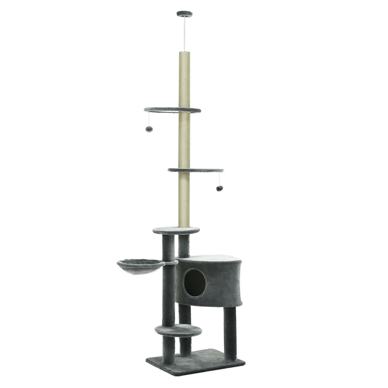 PawHut Kratzbaum höhenverstellbar H220-265 cm, belastbar bis 30 kg, Katzenbaum mit Sitzstangen, Spielball & Seitenbett, dunkelgrau Aosom.de – Bild 1 von 2