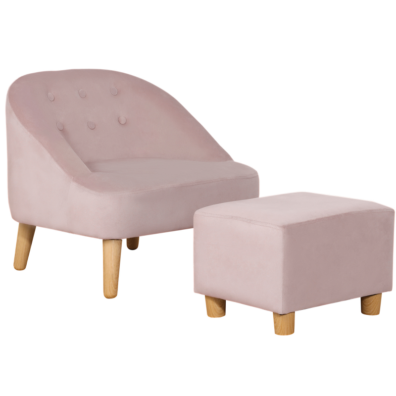 HOMCOM Kindersessel mit Fußhocker, gemütliches Sofa für Kinder ab 3 Jahren, Samtoptik, Eukalyptusholz, rosa, 51x51x50cm Aosom.de – Bild 1 von 2