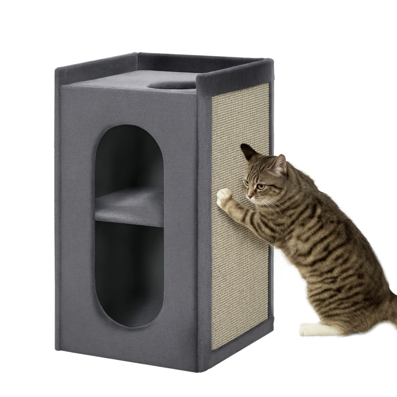 PawHut Kratztonne mit 2 Katzenhöhlen und 2 Ebenen, Liegefläche mit Sisal-Kratzmatte, Plüschdesign 45x45x81 cm Dunkelgrau für Katzenliebhaber Aosom.de – Bild 1 von 2