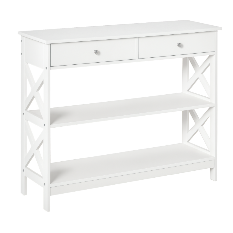 HOMCOM Konsolentisch für Wohnzimmer & Eingangsbereich mit Schublade und 2-stufigen Ablagefächern X-Rahmen Anti-Kipp-Design MDF Weiß 100 x 30,5 x 80 cm Aosom – Bild 1 von 2
