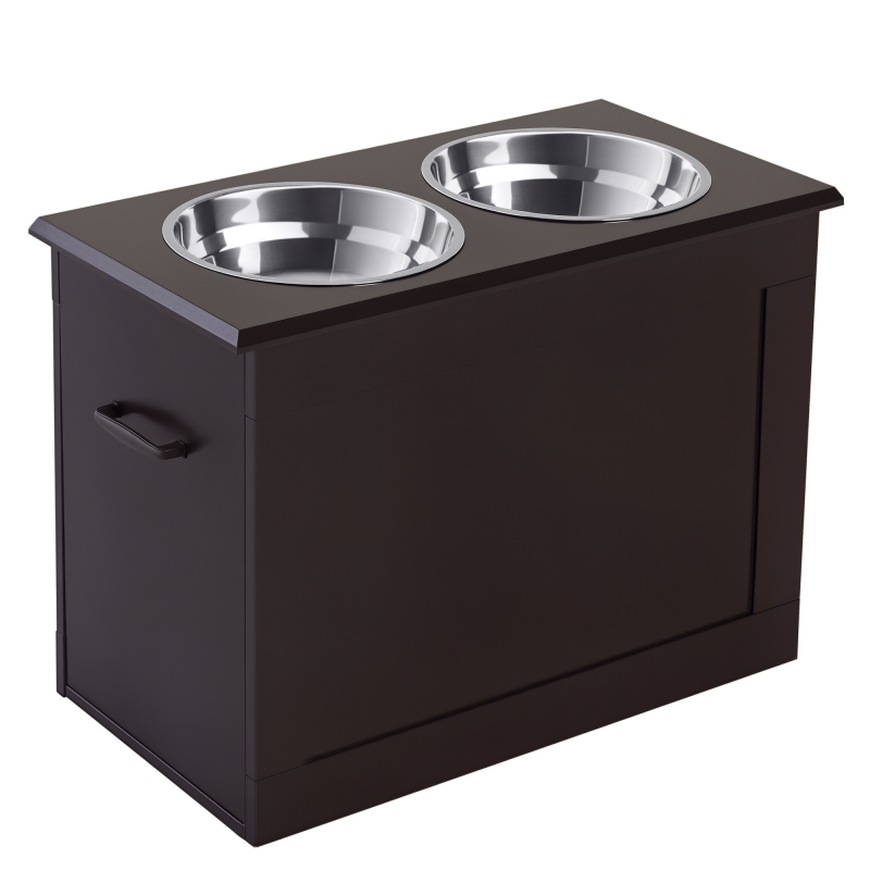 PawHut Hunde Fressnapf mit Staumraum 2 Näpfen Futterstation Edelstahlnapf Katzenapf MDF Edelstahl Espresso 60 x 30 x 41 cm Aosom – Bild 1 von 2