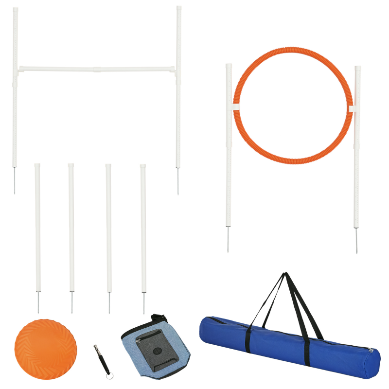PawHut Agility Set Hunde, 5er-Set Hundetraining mit Höhenverstellbaren Agilityhürde, Futterbeutel, Sprungring, Slalom-Stangen, Steckhürdenset inklusive Pfeife, Tragetasche Aosom – Bild 1 von 2