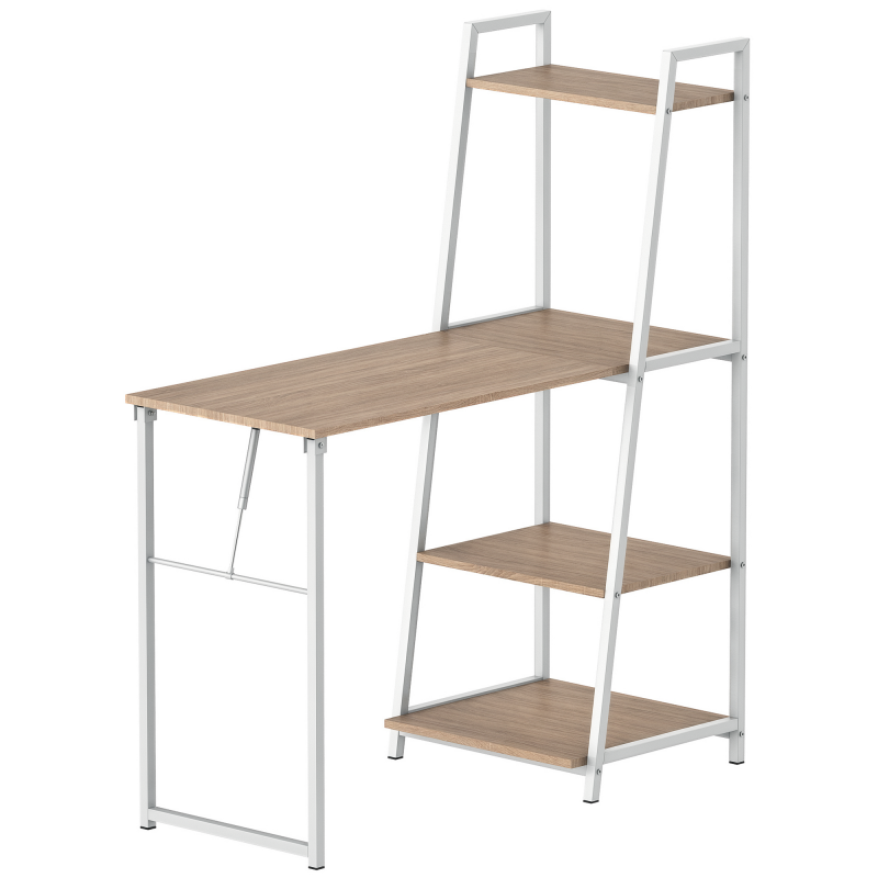 HOMCOM Schreibtisch klappbar mit 4 Tier Bücherregal, Computertisch, Bürotisch, E1 Spanplatte, Metallrahmen, Natur+Weiß, 106 x 48 x 128 cm Aosom – Bild 1 von 2
