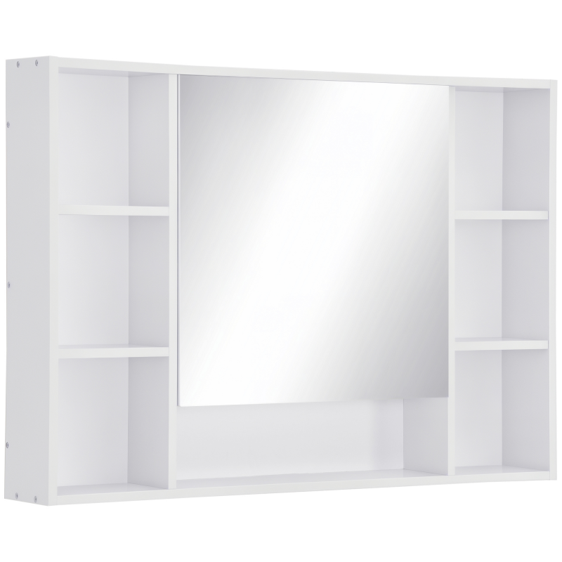 kleankin Badezimmer Spiegelschrank Wandschrank Badezimmerspiegel Badmöbel Mehrzweckschrank mit 7 offenen Ablagen MDF+Glas Weiß 100 x 15 x 70 cm Aosom – Bild 1 von 2