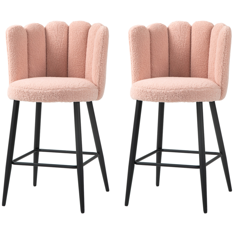 HOMCOM Set mit 2 Barhockern aus Woll-Look-Stoff, Sitzhöhe 65 cm, Barhocker mit Rückenlehne und Fußstütze, Stahlbeine, Küchenhocker, Esszimmer, Theke, Rose Aosom – Bild 1 von 2