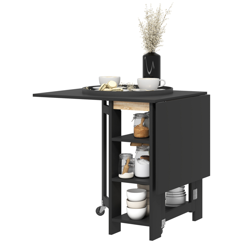 HOMCOM Klappbarer Esstisch, faltbarer Küchentisch, auf Rollen, mit 2 Klappen und 3 Regalen, modernes Design, Küchentisch für kleine Räume, 120 x 60 x 75 cm, Schwarz Aosom – Bild 1 von 2