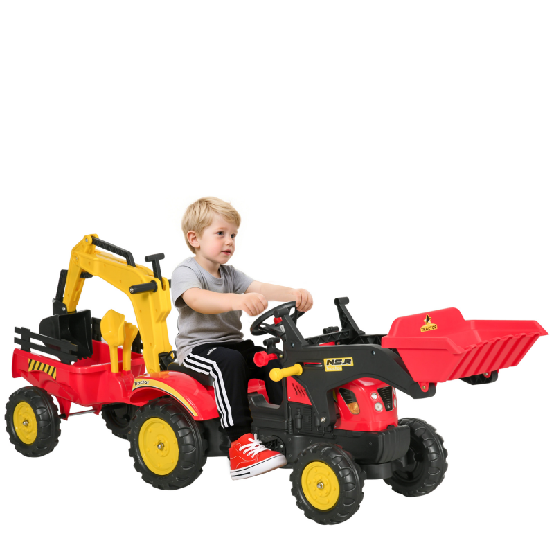 HOMCOM Trettraktor mit Anhänger und Frontlader, Tretbagger für Kinder ab 3 Jahren, rot, 179 x 42 x 59 cm, ideal für Spiel und Spaß Aosom.de – Bild 1 von 2