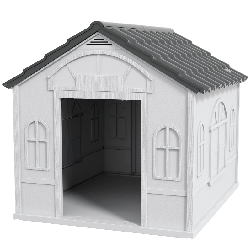 PawHut Hundehütte für mittelgroße und große Hunde mit geneigtem Dach und Eingangstür, wasserdichte Hundehütte aus PP, 84,2x98,2x82 cm, Grau Aosom – Bild 1 von 2