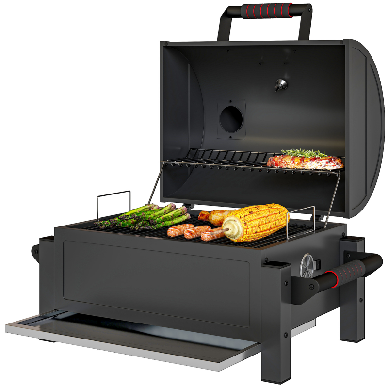 Outsunny Holzhohlgrill, Tischgrill mit Grillrost, Kohleschale, Campinggrill mit Deckel, Griff, Thermometer, Tischholzgrill für Picknick, Garten, Schwarz, 68,5 x 50 x 54 cm Aosom – Bild 1 von 2