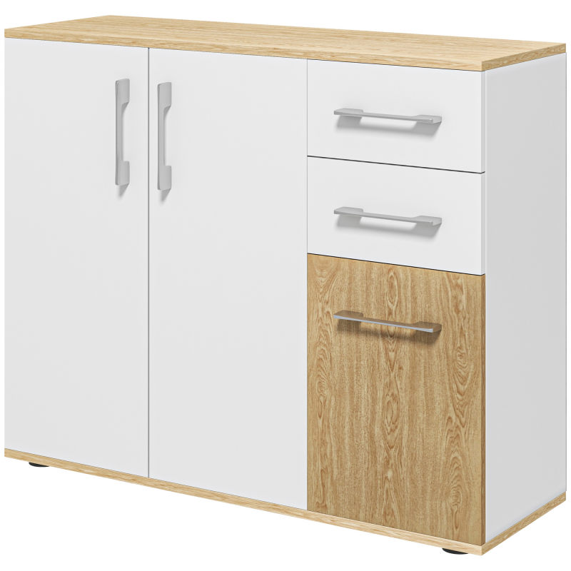 HOMCOM Sideboard, Aufbewahrungsmöbel mit 3 Türen, 2 Schubladen und verstellbarem Regal, moderner Stil, Sideboard Esszimmer, Küche und Wohnzimmer, 90 x 30 x 75,5 cm, Weiß und Holz natur Aosom – Bild 1 von 2