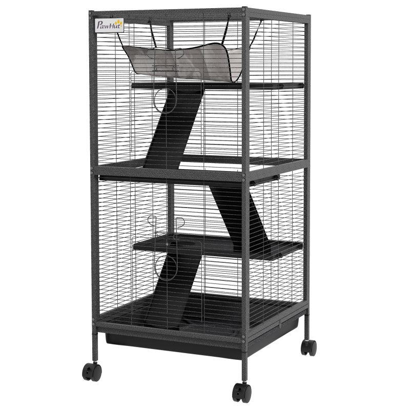 PawHut Kleintierkäfig aus Stahl für kleine Nagetiere wie Meerschweinchen und Chinchillas mit 3 Etagen, 4 Rädern, Hängematte und herausnehmbarem Tablett, 52 x 52 x 113,5 cm, Anthrazit Aosom – Bild 1 von 2