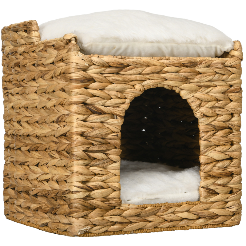 PawHut Rattan Katzenhöhle 2-Ebenen Kissen Wasserhyazinthe Braun bis 5kg Aosom – Bild 1 von 2