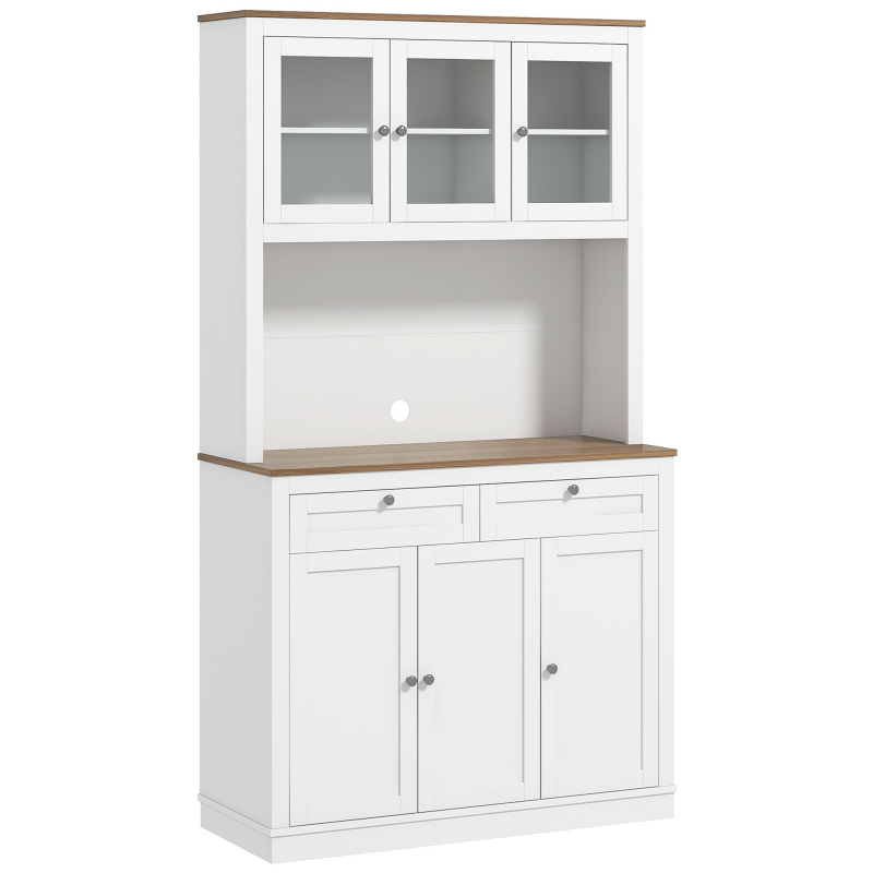 HOMCOM Küchenhochschrank, Küchenschrank, Vitrine, 6 Türen davon 3 aus Glas, 2 Schubladen, Arbeitsplatte, verstellbare Regale, Aufbewahrungsmöbel für Wohnzimmer Esszimmer, 100x40x180cm, weiß Aosom – Bild 1 von 2