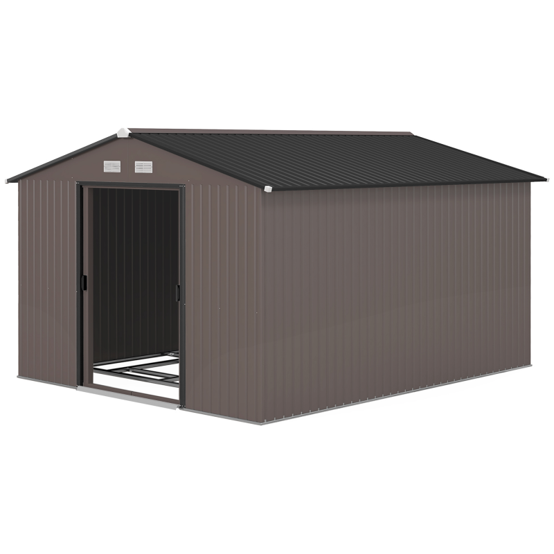 Outsunny Gartenhaus 8,3m² aus verzinktem Stahl mit Belüftungsschlitzen, Gartenpavillon mit geneigtem Dach, Doppel-Schiebetüren, abschließbarer Werkzeugschuppen, 277x322x192 cm, Braun Aosom – Bild 1 von 2