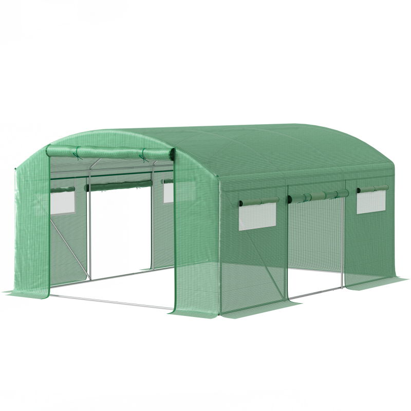 Outsunny Gewächshaus Tunnel 4x3x2 m Garten-Gewächshaus mit 3 Rolltüren 6 Netzfenter PE 140g/m² Verzinkte Stahlstruktur für Anbau Pflanzen Blumen Grün Aosom – Bild 1 von 2