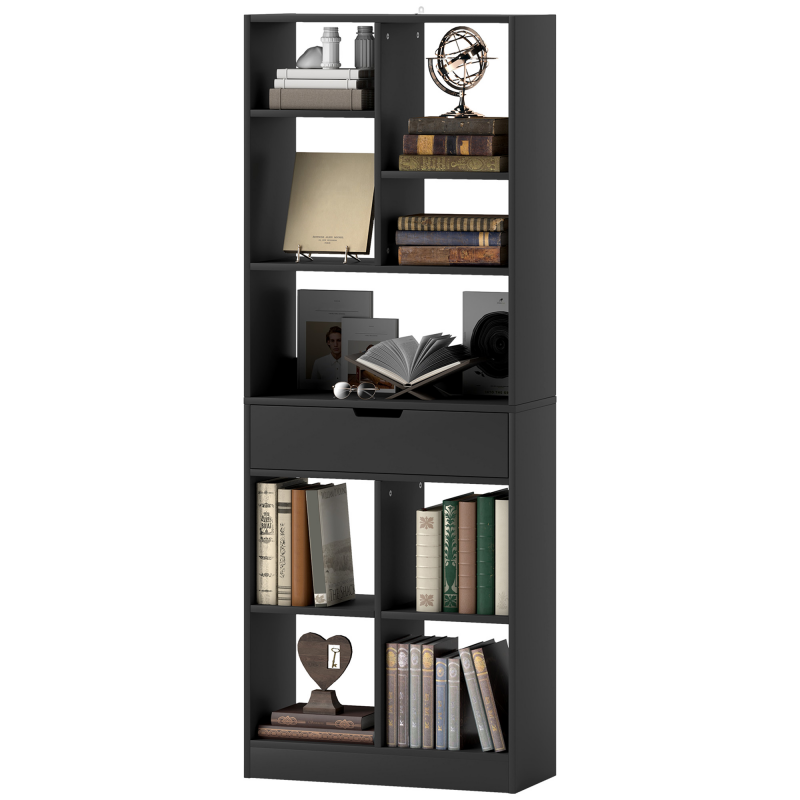 HOMCOM Bücherregal mit zentralem Schubfach und offenen Regalen, freistehendes platzsparendes Holzregal, Raumteiler für Wohnzimmer, Schlafzimmer und Büro, 60x26x158 cm, Schwarz Aosom – Bild 1 von 2