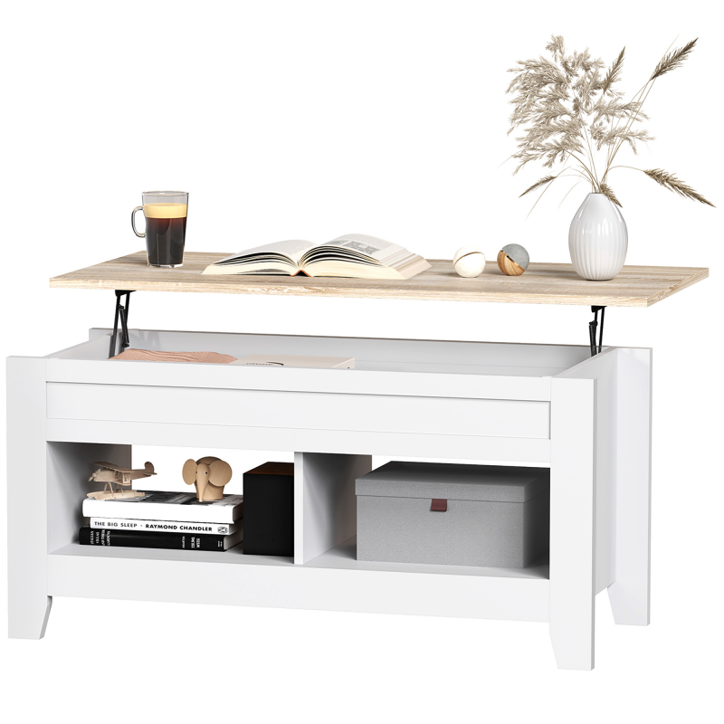 HOMCOM Couchtisch mit klappbarem Tablett, Wohnzimmertisch mit Regalen und verstecktem Fach, 105 x 50 x 49-62,5 cm für Wohnzimmer, Schlafzimmer, Weiß Aosom – Bild 1 von 2