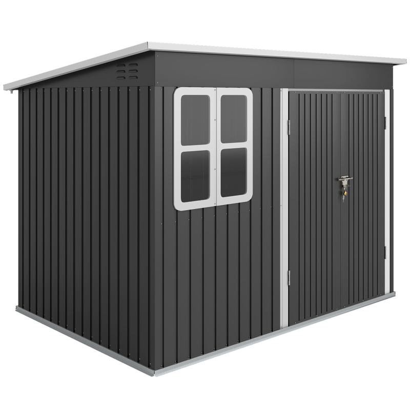 Outsunny Gerätehaus 4,13 m³, Gartenhaus, 260 x 177 x 190 cm, Geräteschuppen mit Fenster, Abschließbar Tür, Fahrradgarage, Gartenschrank aus Stahl, für Hinterhof, Garten, Dunkelgrau Aosom – Bild 1 von 2