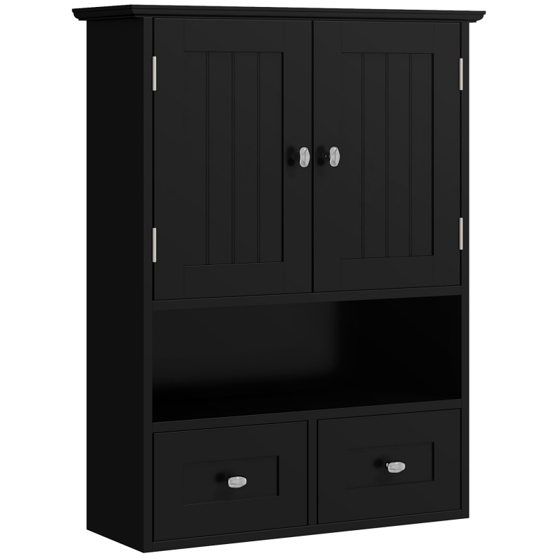 Kleankin Wandmontierter Badezimmerschrank, Hängeschrank, Wandmontiertes Badezimmerschrank, 2 Türen mit Magnetverschluss, 2 Schubladen und Offenes Regal, für Küche, Waschküche, 50,8x17,8x66 cm, Schwarz Aosom – Bild 1 von 2