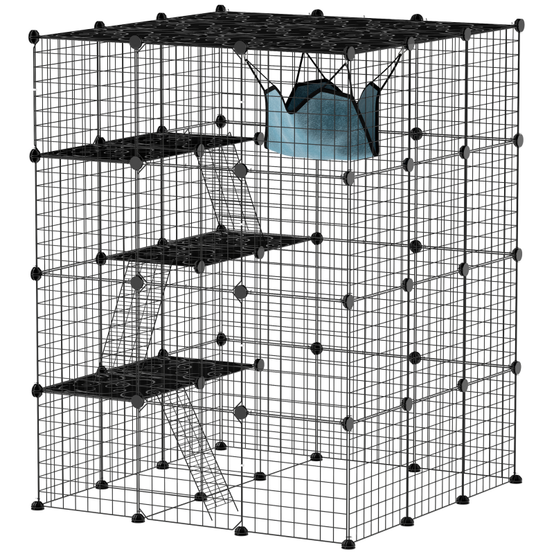PawHut Katzenkäfig für Drinnen 4-stöckig Katzengehege mit dichtem Metalldraht Hängematte Rampe DIY-Katzenlaufstall mit Türen Sprungplattformen, Käfig für 1-3 Katzen 105 x 105 x 140cm Schwarz Aosom – Bild 1 von 2