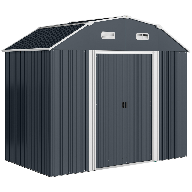 Outsunny Gerätehaus Stahl 2,7m² Geräteschuppen UV-Schutz Gartenschrank 2 Schiebetüren Regal Fundament Dunkelgrau 238x132x198,5cm Aosom – Bild 1 von 2