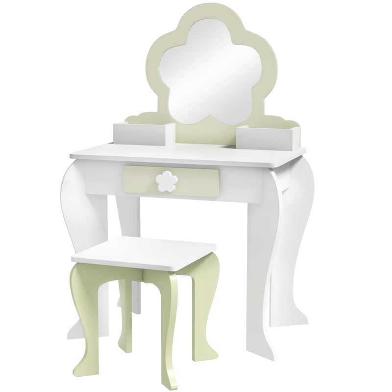 ZONEKIZ Set Kinderschminktisch mit passendem Hocker, Schminktisch aus Holz mit Schublade und Behältern, Blumenspiegel, Weiß Aosom – Bild 1 von 2