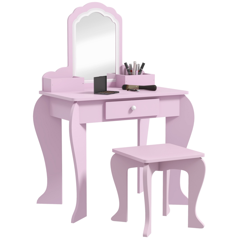 ZONEKIZ Set Kinder Schminktisch mit passendem Hocker, Schminktisch aus Holz mit Schublade und Behältern, Wolkenförmiger Spiegel, Rosa Aosom – Bild 1 von 2