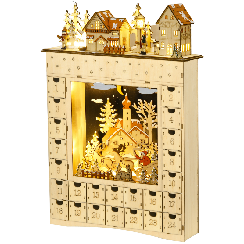 HOMCOM Adventskalender zum Befüllen 24 Schubladen Fächer Weihnachtskalender mit LED-Lichtern Adventskalenderbox Weihnachtsdekoration DIY Naturholz 36 x 9 x 52 cm Aosom – Bild 1 von 2