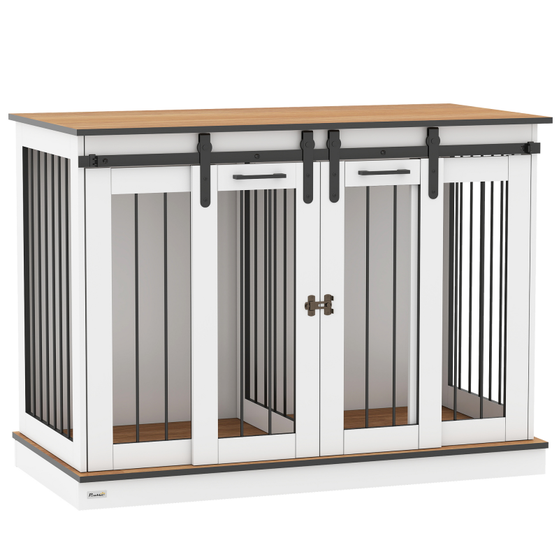 PawHut Hundebox, Haustierbox, Hundehütte mit Zweiraum-Option für Mittelegroße Hunde, Hundebox mit Doppeltüren, Hundehaus, Weiß, 120 x 60 x 88,5 cm Aosom – Bild 1 von 2
