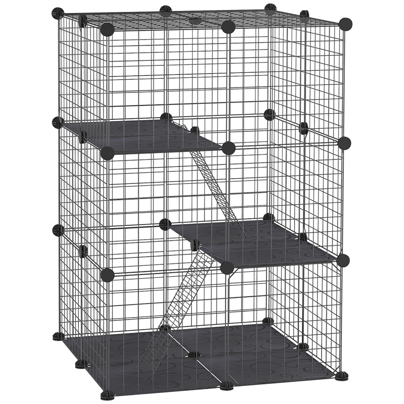 PawHut Modulare und Mehrstufige Kaninchen- und Meerschweinchenkäfig, Nagervoliere mit 3 Türen und Stahlgitter, Schwarz Aosom – Bild 1 von 2