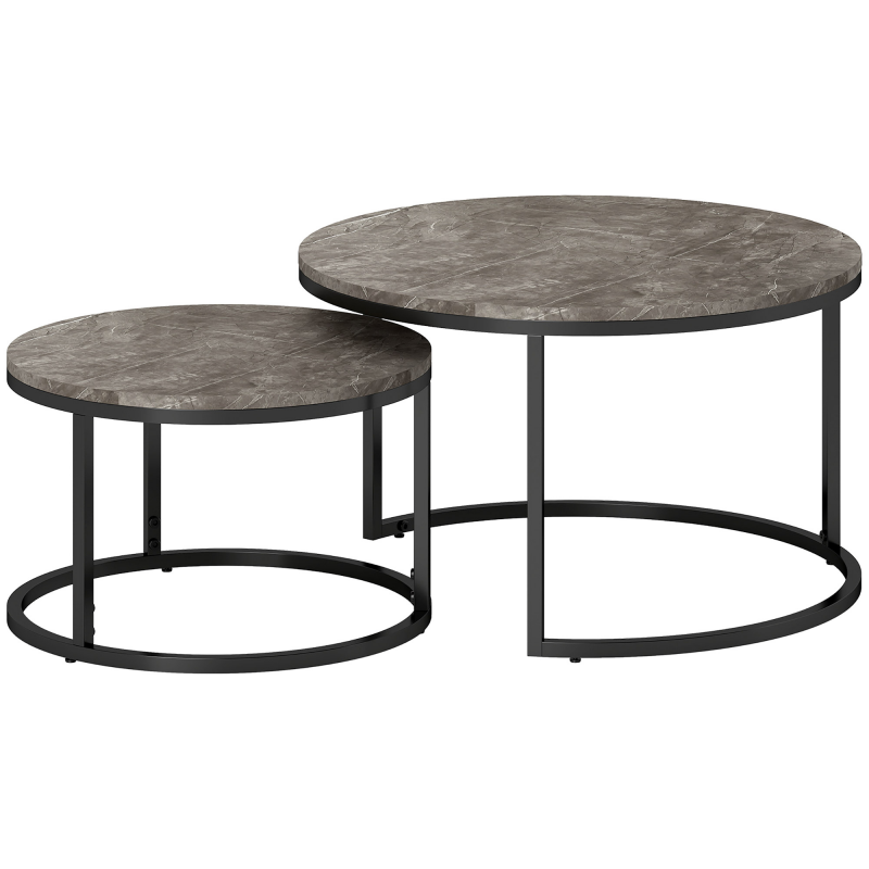 HOMCOM Couchtisch rund 2er Set Wohnzimmertisch Beistelltisch mit Metallrahmen, Satztisch mit Marmoroptik Kaffeetisch für Wohnzimmer, Schlafzimmer, Balkon Grau Aosom – Bild 1 von 2