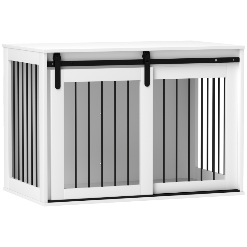 PawHut Hundekäfig für Zuhause, Abschließbar Hundehütte mit Eingang, Hundebox mit Schiebetür, Hundehaus für große Hunde unter 30 kg, Weiß, 98 x 58 x 61 cm Aosom – Bild 1 von 2