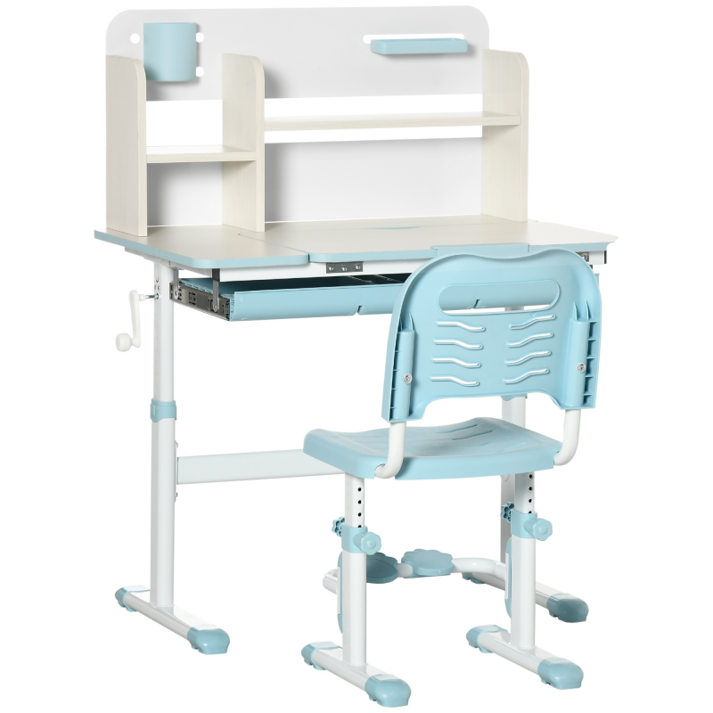 HOMCOM Set Schreibtisch und Stuhl für Kinder verstellbar, Kindertisch neigbar auf 60° mit Schublade, Regalen und Stifthalter, Alter 3+ Jahre, Blau Aosom – Bild 1 von 2